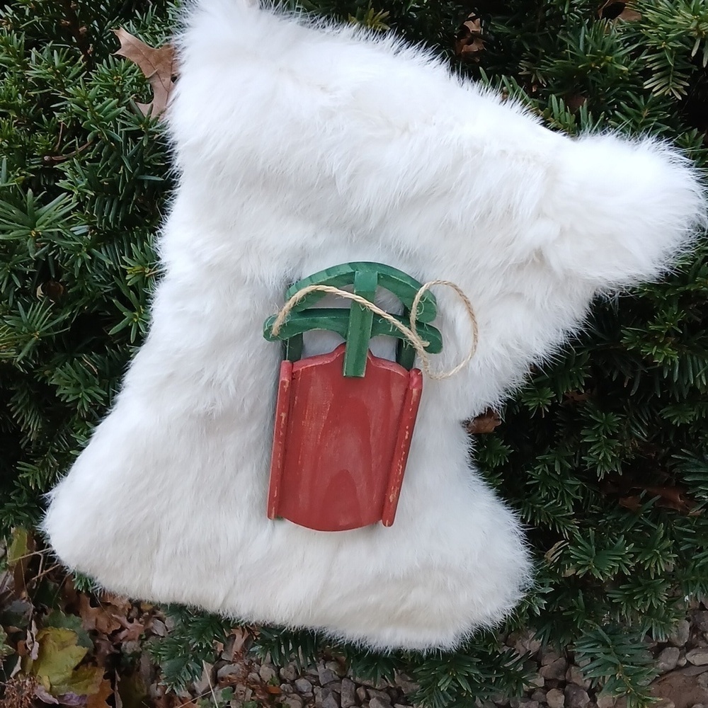 Christmas Stocking White Rabit Fur with Red and Green Sled Attached Hand Made